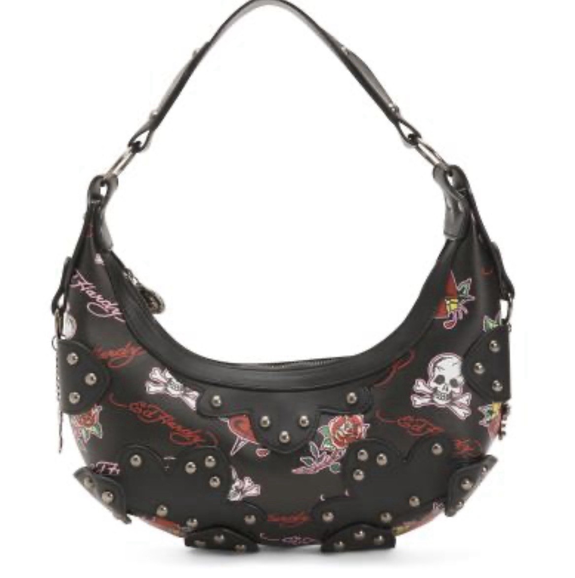 Ed Hardy Black Studded Skull Print Hobo Shoulder Bag Zip Detachable Strap
