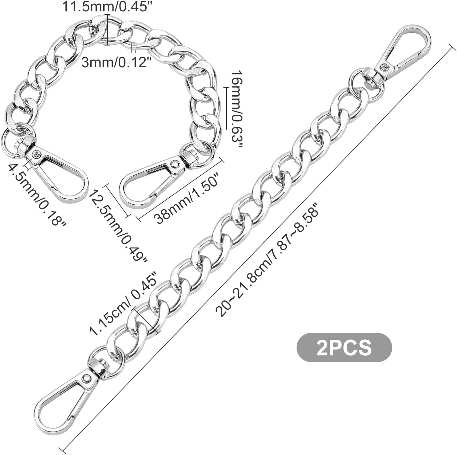 Purse Extender Chain, 2pcs 8 Inch Aluminum Bag Chain Strap 7.8 Inch Silver