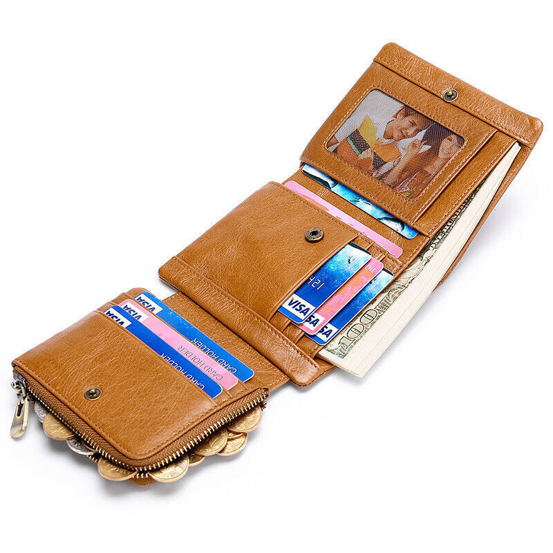 Cowhide Leather Mens Trifold Wallet RFID Blocking Card Holder Zipper Coin Purse