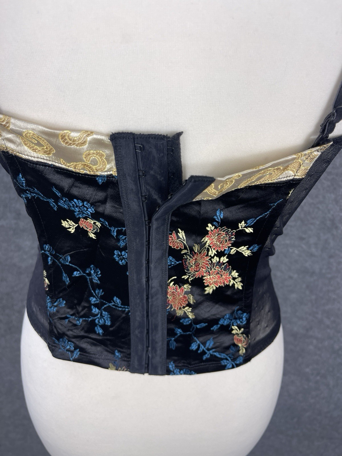 Oriental Floral Embroidered Corset Top UK 14 Black Gold Party Going Out Y2K