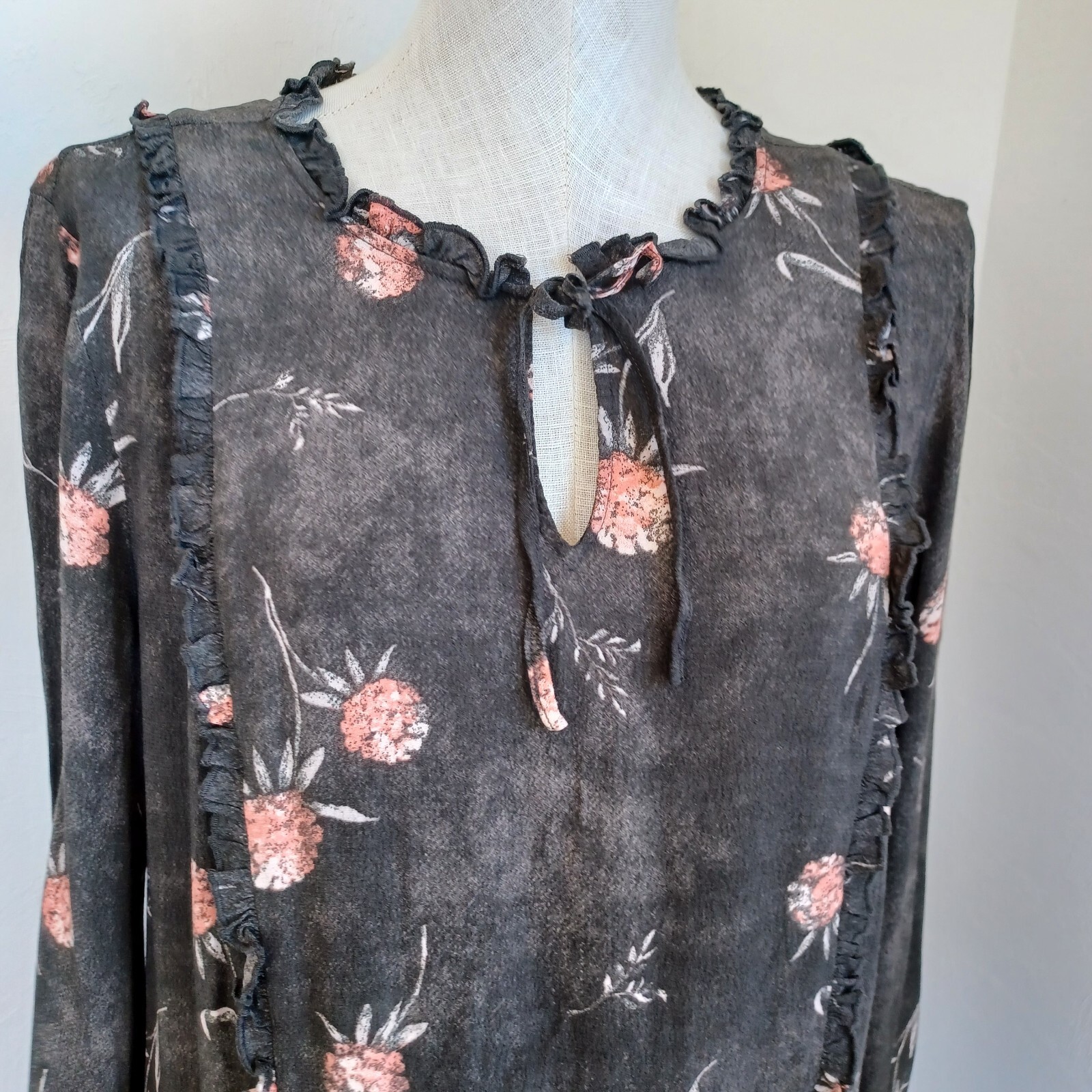 Caslon Dress Womens Med Brown Pink Floral Long Sleeve Drop Waist Tie Neckline
