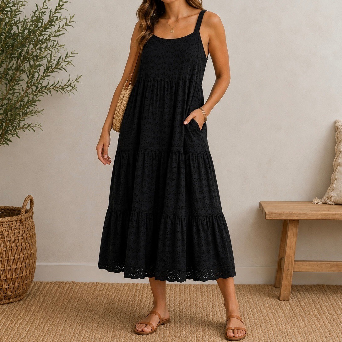 The Drop Women XL Britt Midi Dress Black Eyelet Tiered Cotton Sleeveless Pockets