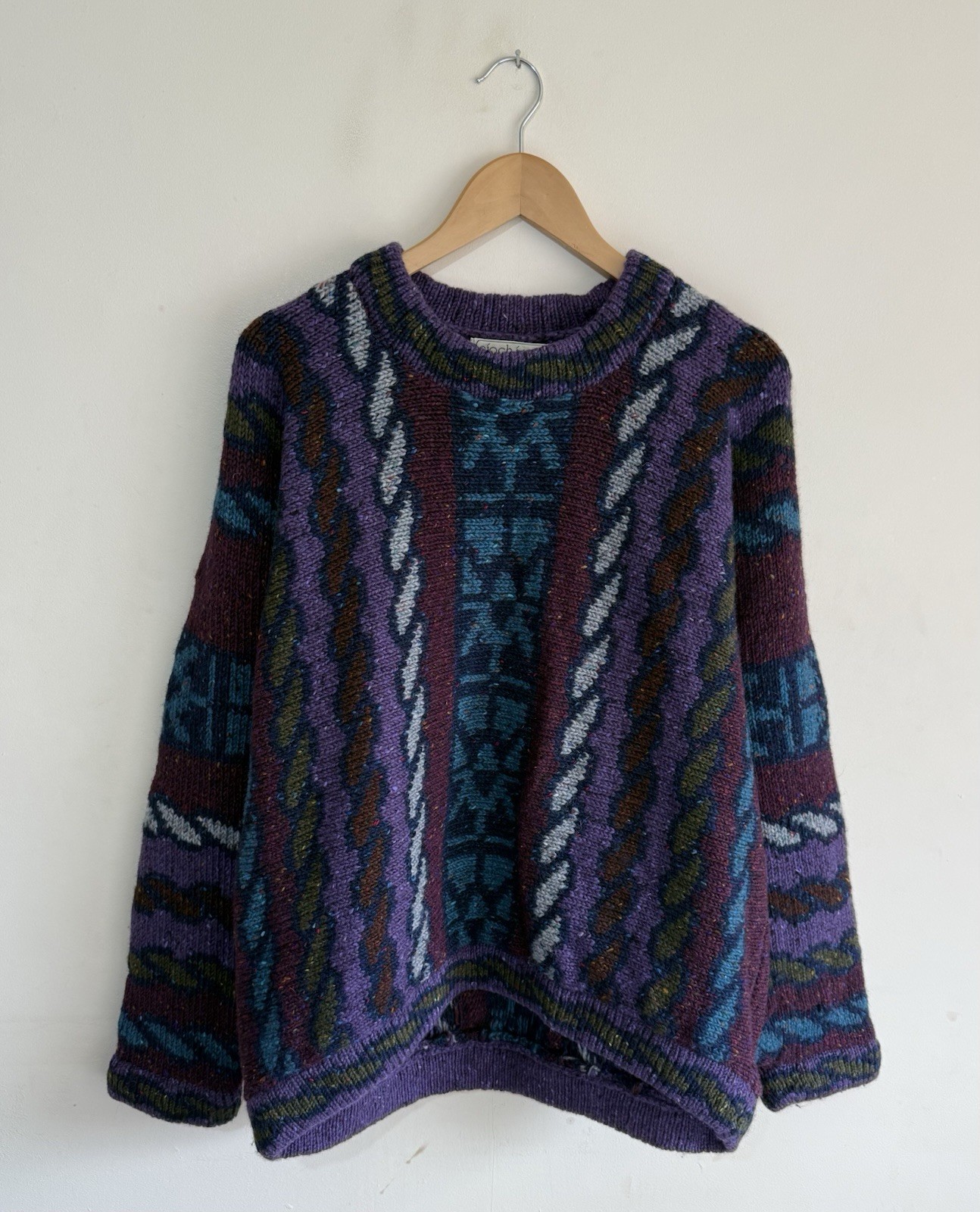 Siochain VTG Irish Wool Knit 100% Pure New Wool Retro Patterned Sweater Mens 46′