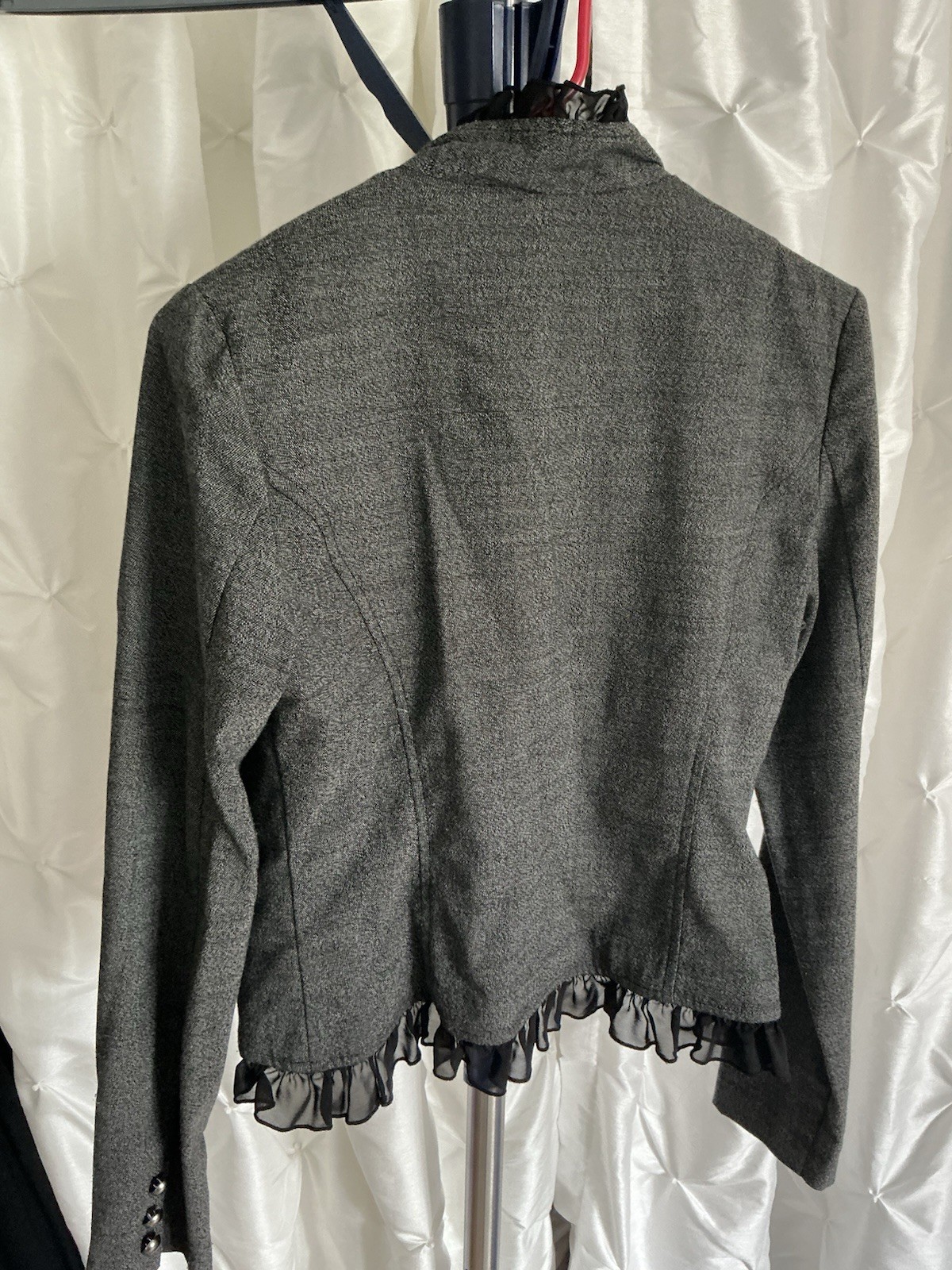 BCX Women’s L Dark Grey Fitted Blazer Black Ruffled Trim Silver Military Buttons