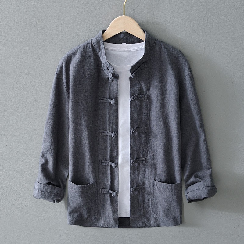 Men’s Chinese style buckle long sleeved casual breathable stand up collar retro