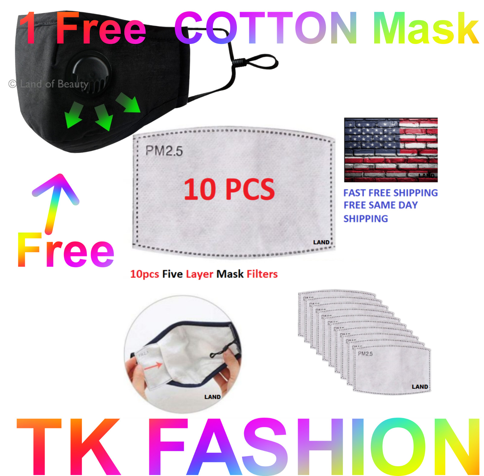 10 Pack Adult PM2.5 Activated Carbon 5 Layer + (1PCS FREE COTTON FILTER Mask)