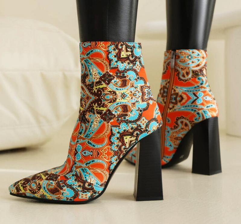 Retro Floral Women’s Pointed Toe Chunky Heels Side Zip Ankle Boots Fashion Pumps