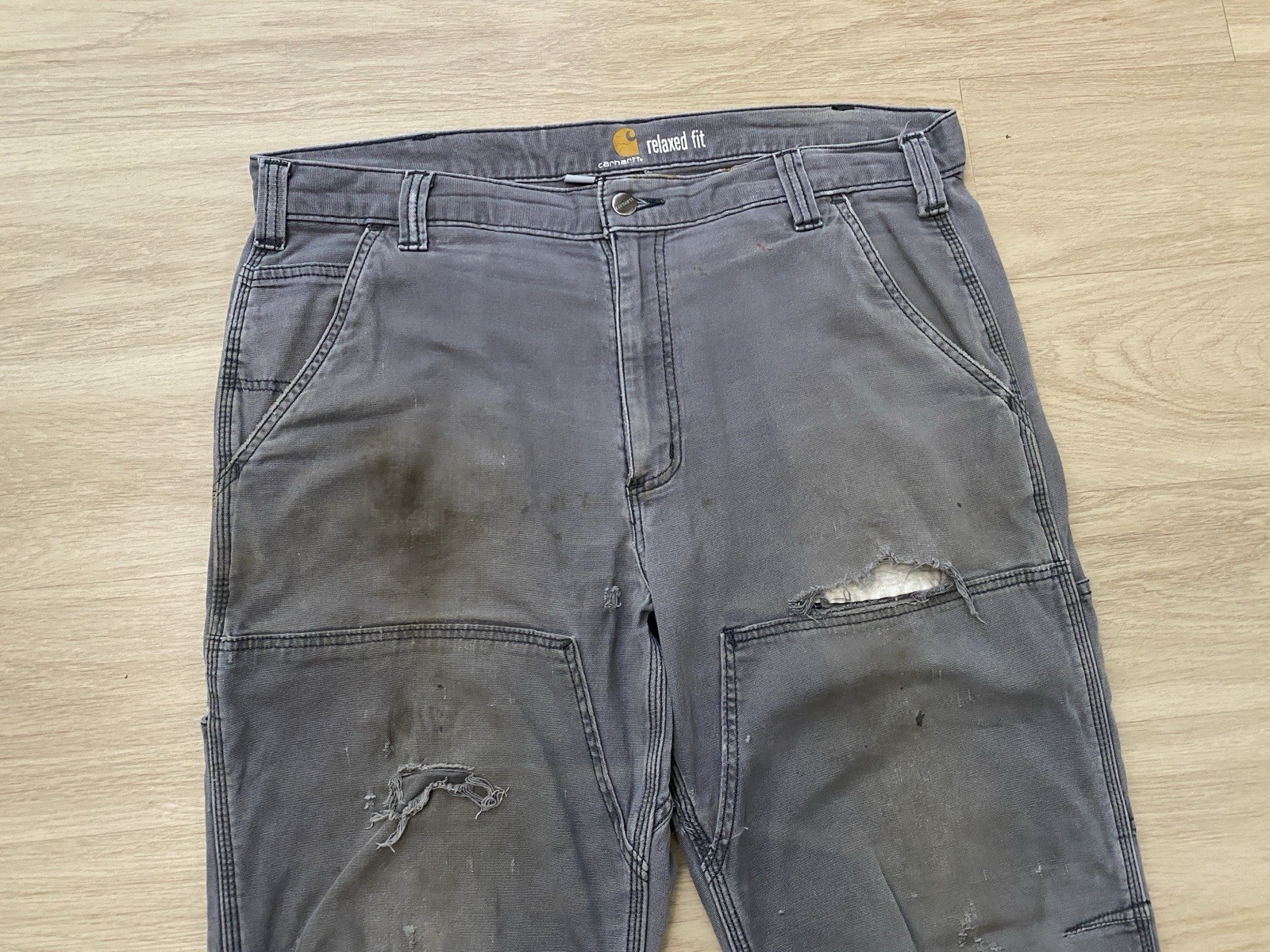 Carhartt Relaxed Straight Pants Men 36×32 Gray Double Knee Distressed 102802-029