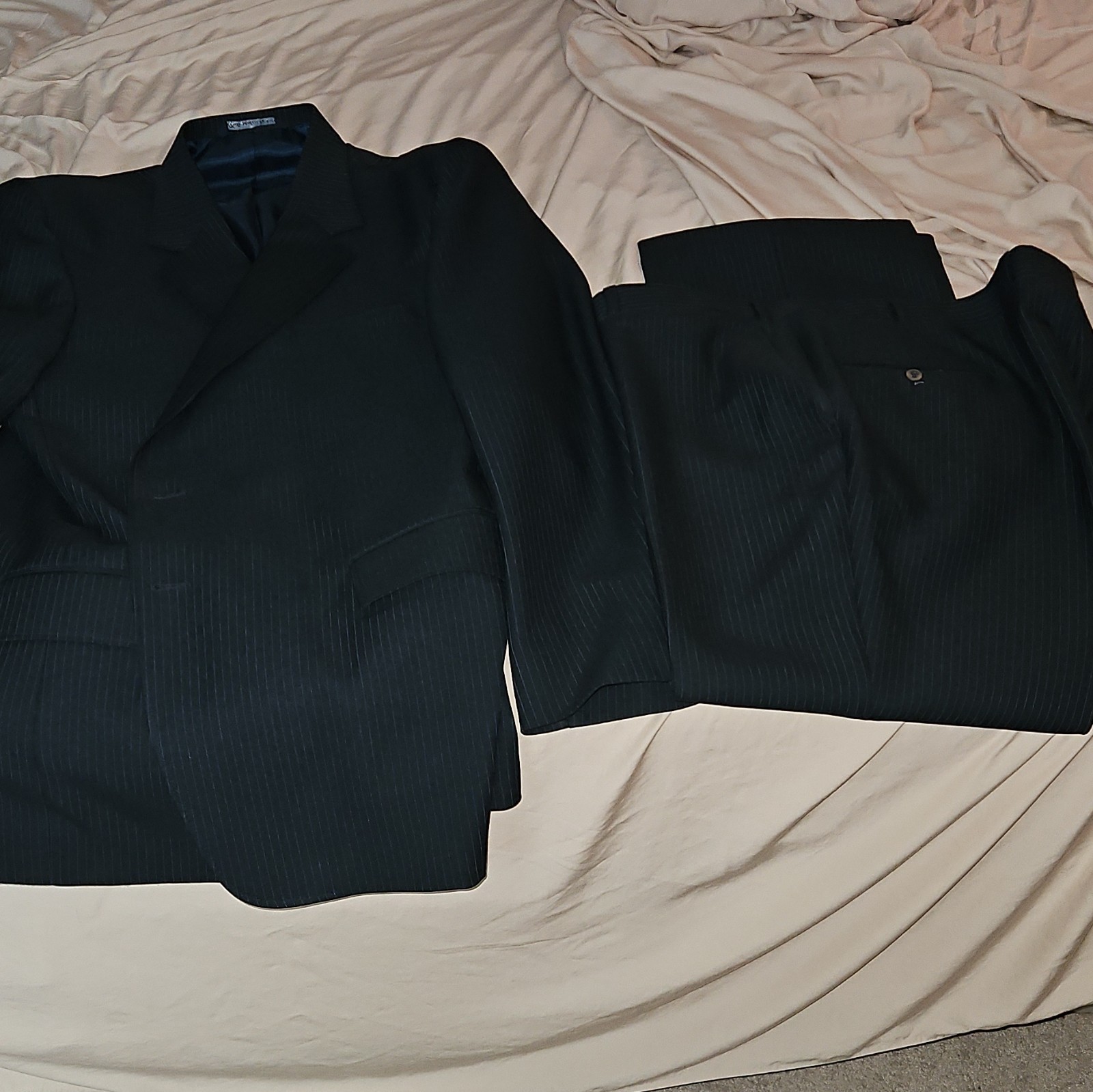 Vintage Permaprest Black Pinstripe 2-Piece Suit Notch Lapel 2Btn Men’s 46L