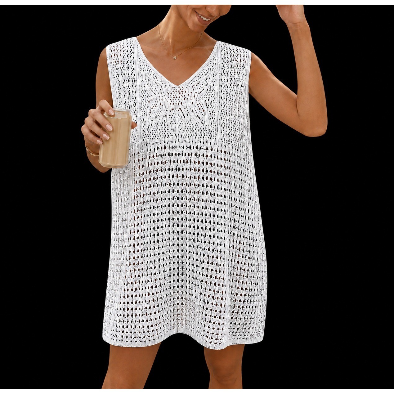 Jeanne Pierre Crochet Open Knit V-Neck Sweater Swim CoverUp Women M White Cotton