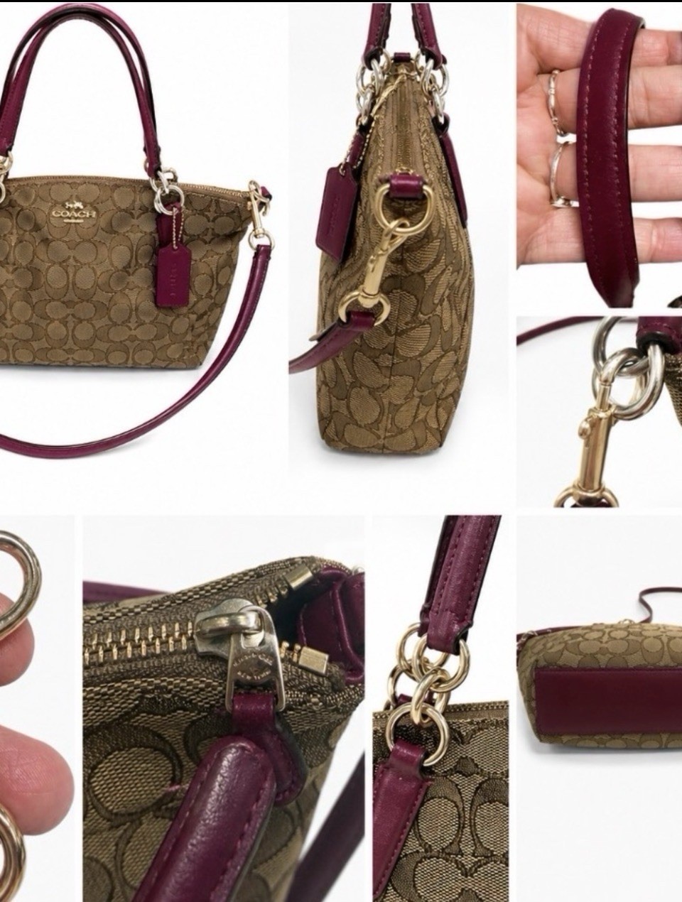 Coach Kelsey Signature Monogram C Canvas Khaki & Fuchsia Leather Trim Bag