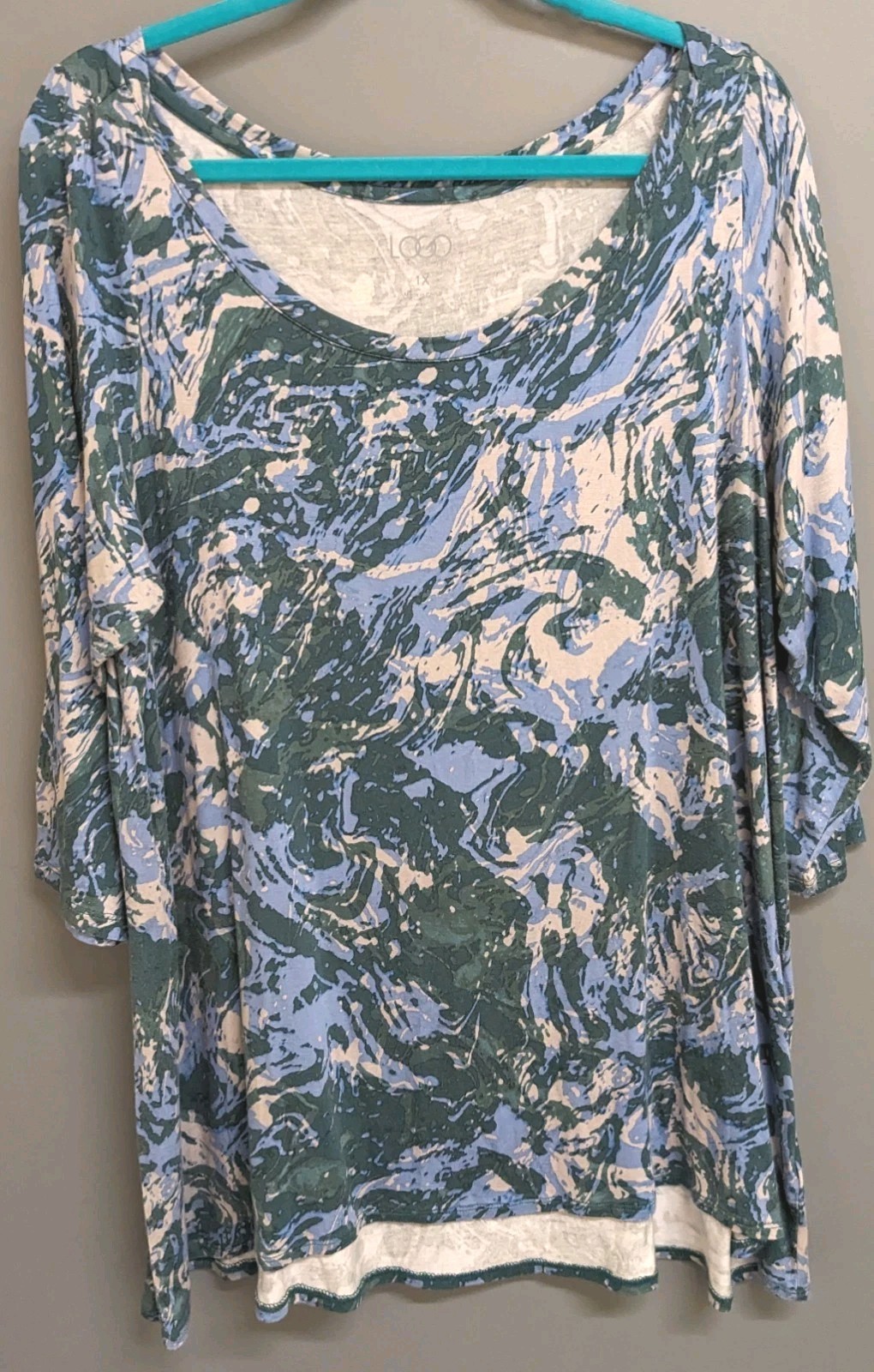 Logo Rayon Hi Lo Top Womens 1X Stretch Loose Shirt 3/4 Sleeve Lori Goldstein
