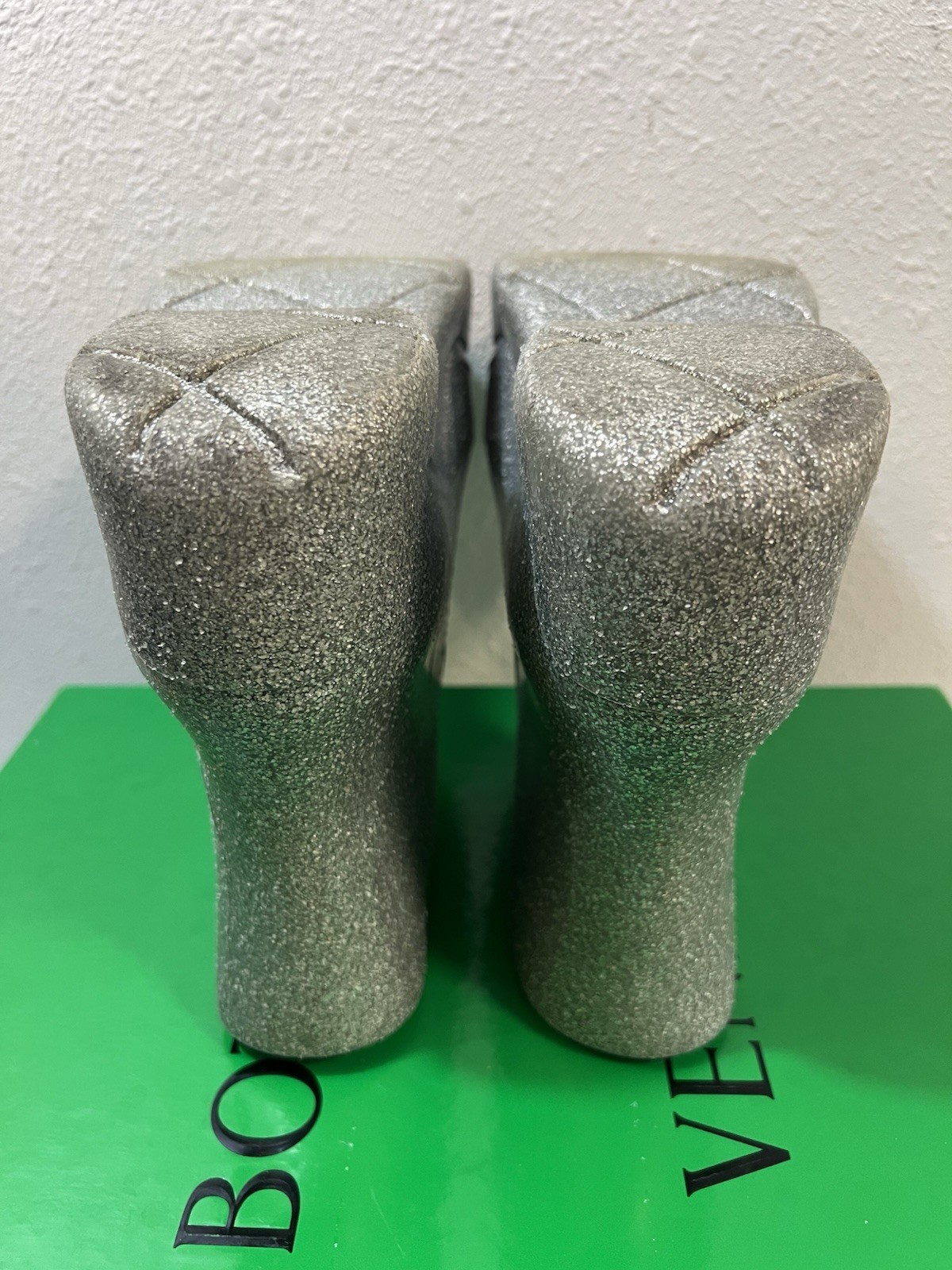 Bottega Veneta Puddle Boots 38 Icon Rainboots Silver Glitter Platform PVC Rubber