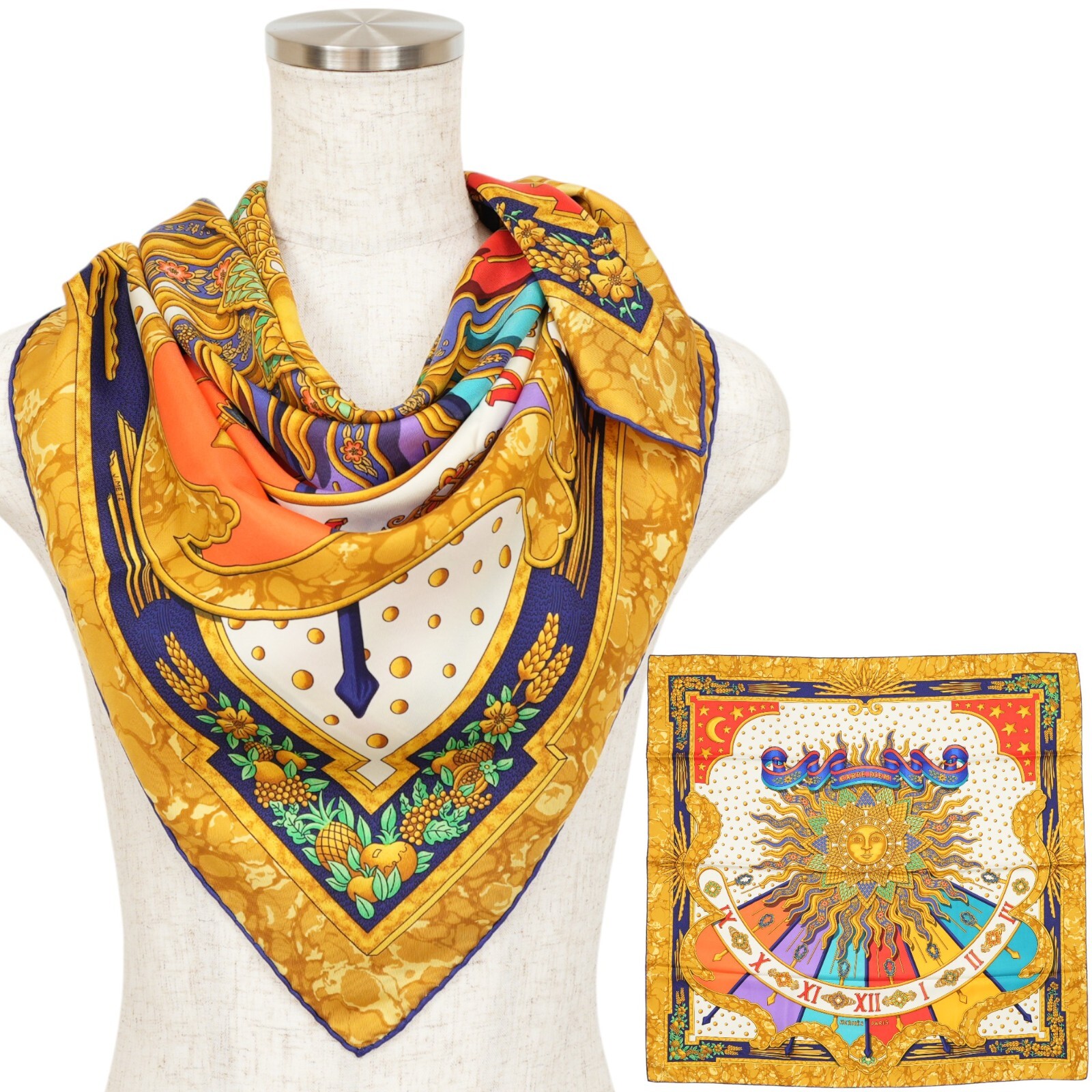 Hermes “CARPE DIEM” Carre 90 Silk 100% Scarf Vintage Rare Cleaned