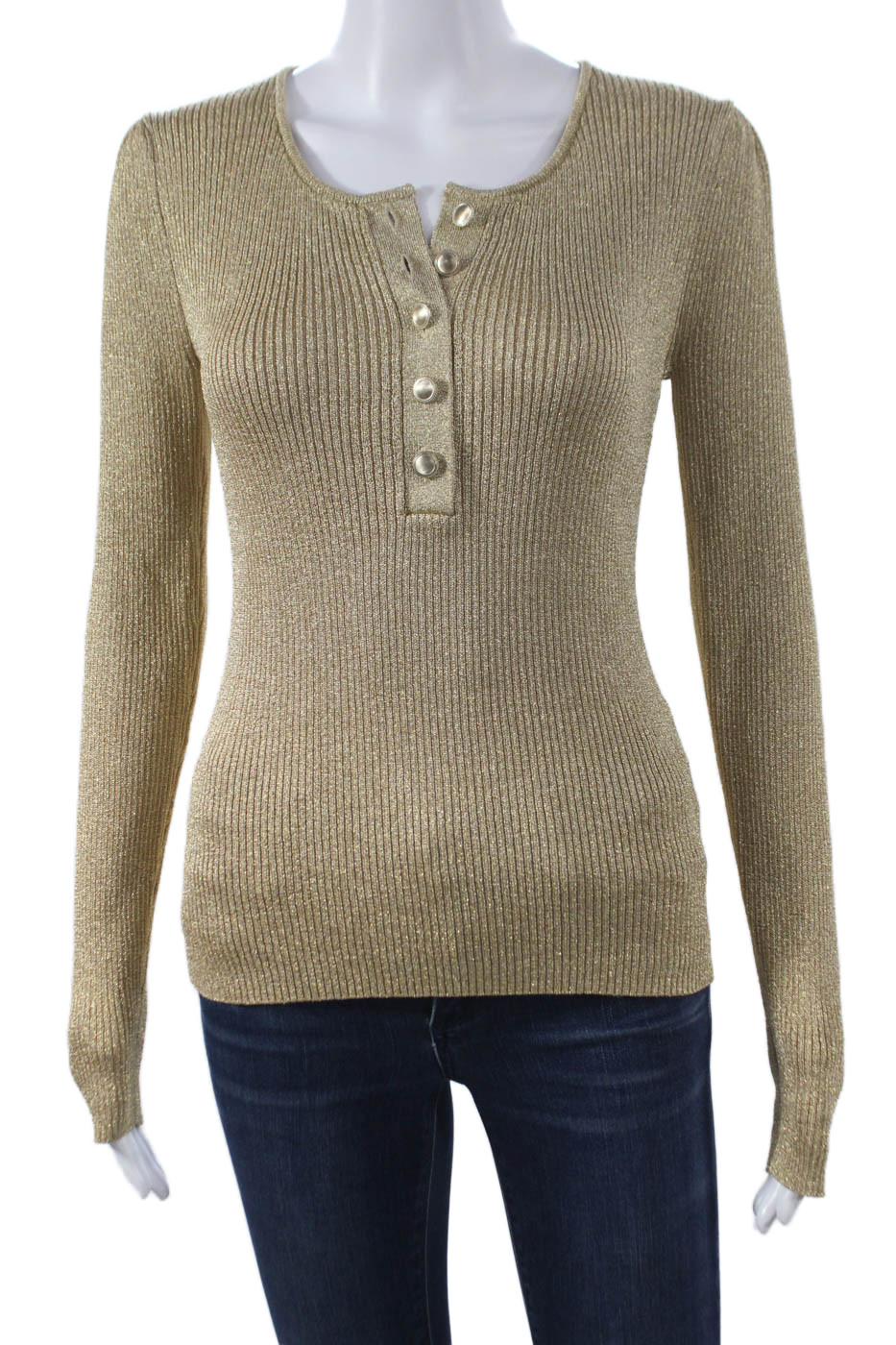 Generation Love Womens Basic Henley Long Sleeve Gold Polyester T-Shirt Size S