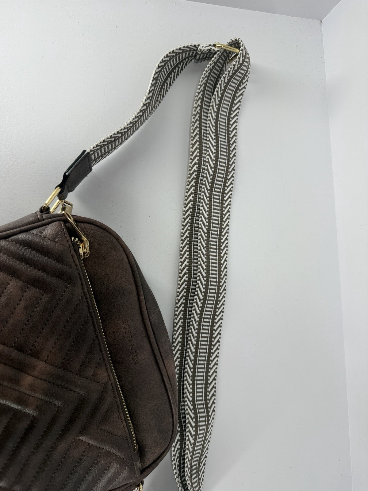 Bostanten Nola Brown Chevron Quilted Crossbody Bag W/Striped Guitar Style Strap
