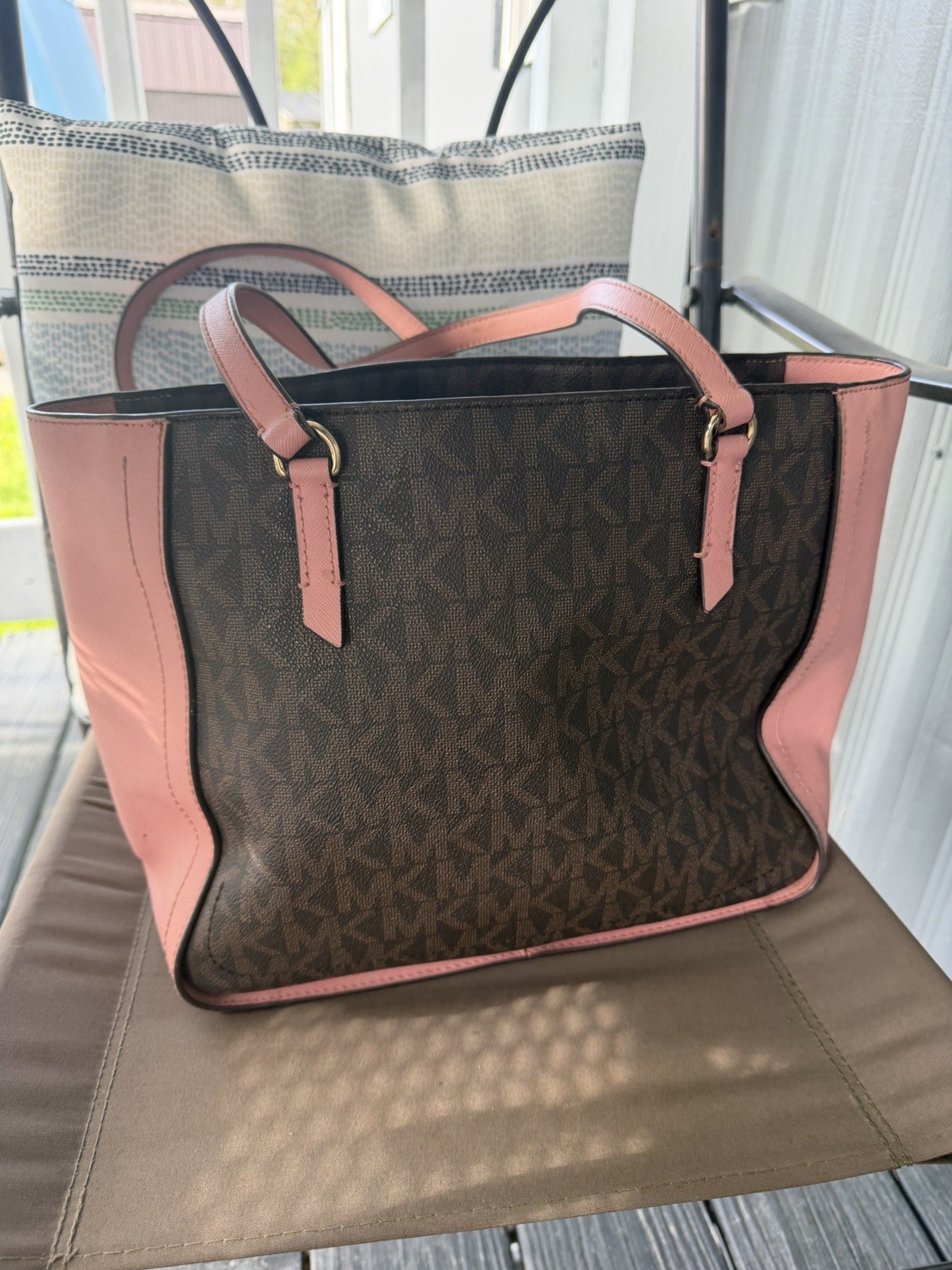 Michael Kors Brown Logo Tote Shoulder Bag, Pink Trim, Gold Hardware, Double