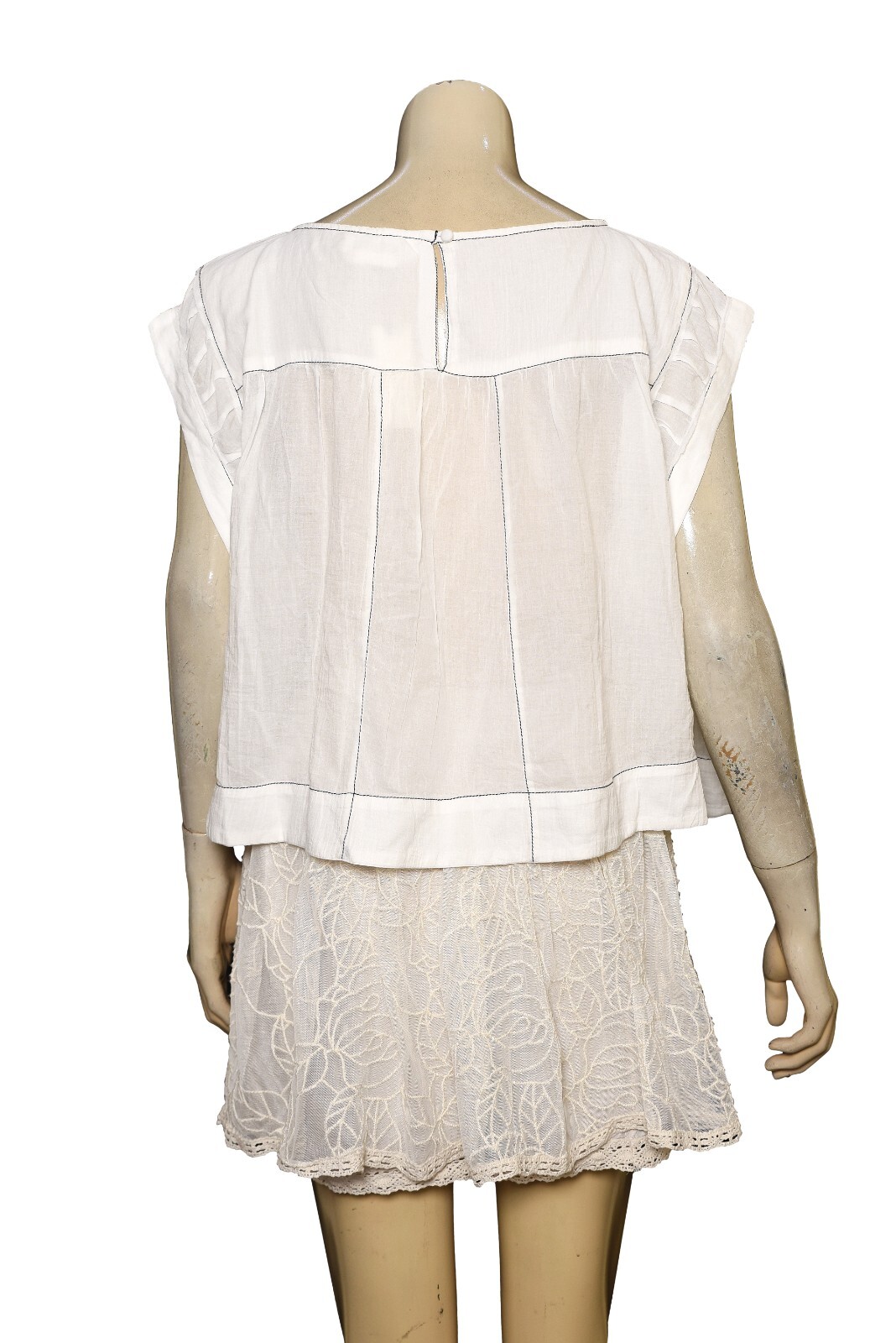 Anthropologie Cap-Sleeve Babydoll Blouse M 8 Sheer White Cotton Crop Top 44597