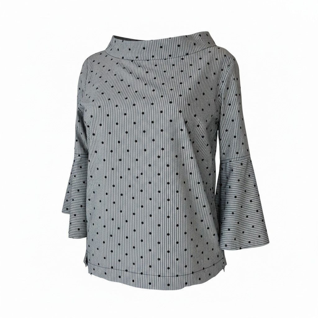 Sara Campbell Women’s 12 Black Dot Micro Stripe Blouse Flair Sleeve Boat Neck, L