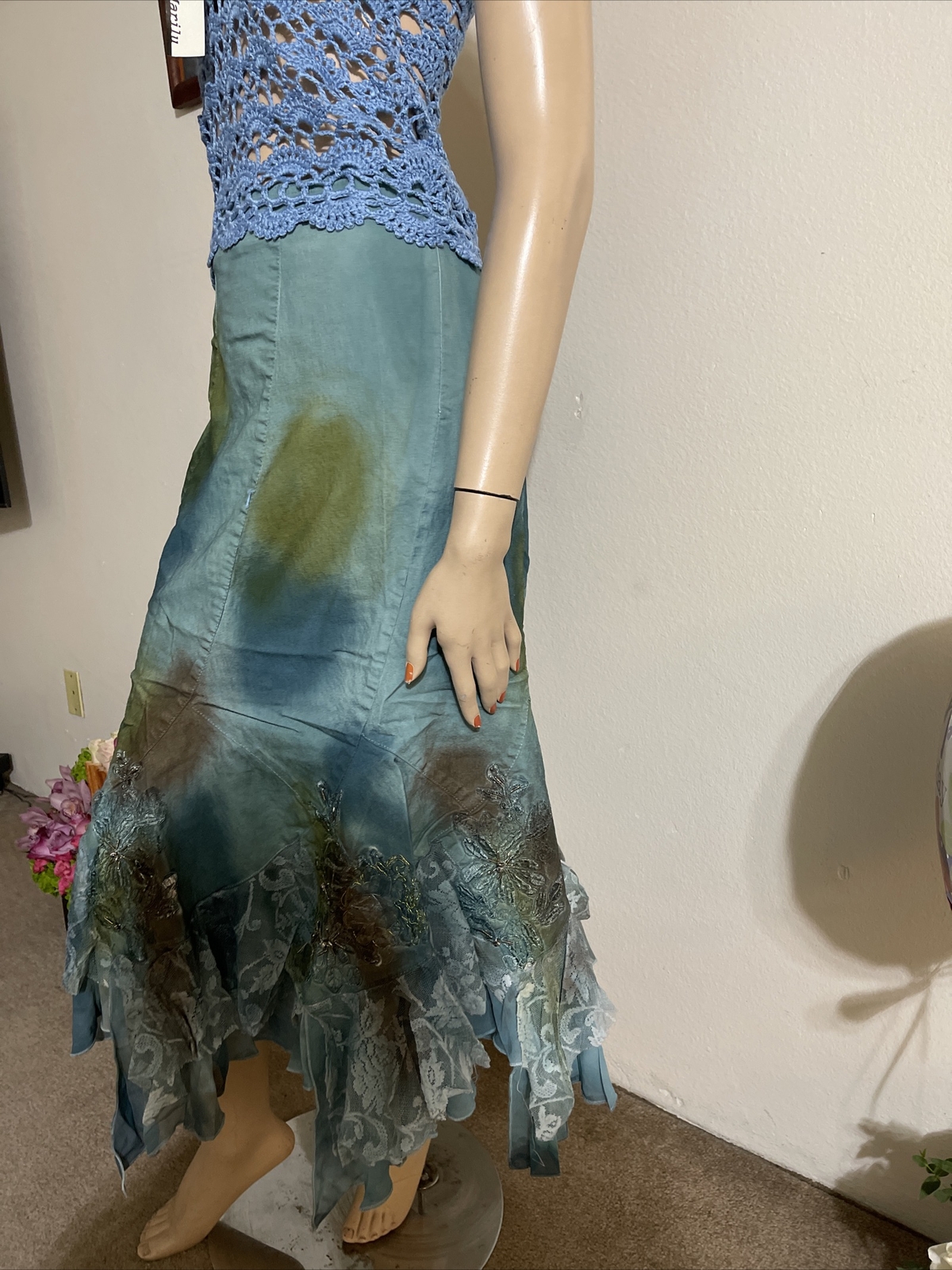 Blue Denim Cotton lace beaded embroidery Ruffle Size Size S(4-6) skirt SK733
