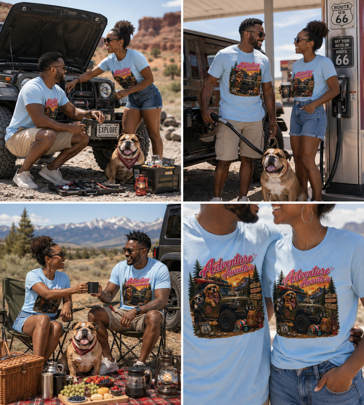 Adventure Awaits Jeep Dog Camping Couple T-Shirt Outdoor Road Trip Gift Tee