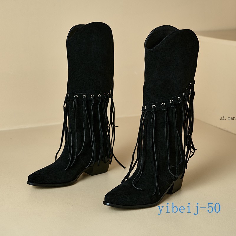 Women Tassel Mid Calf Boot Velvet Western Cowgirl Shoes Dress Formal Fall Winter