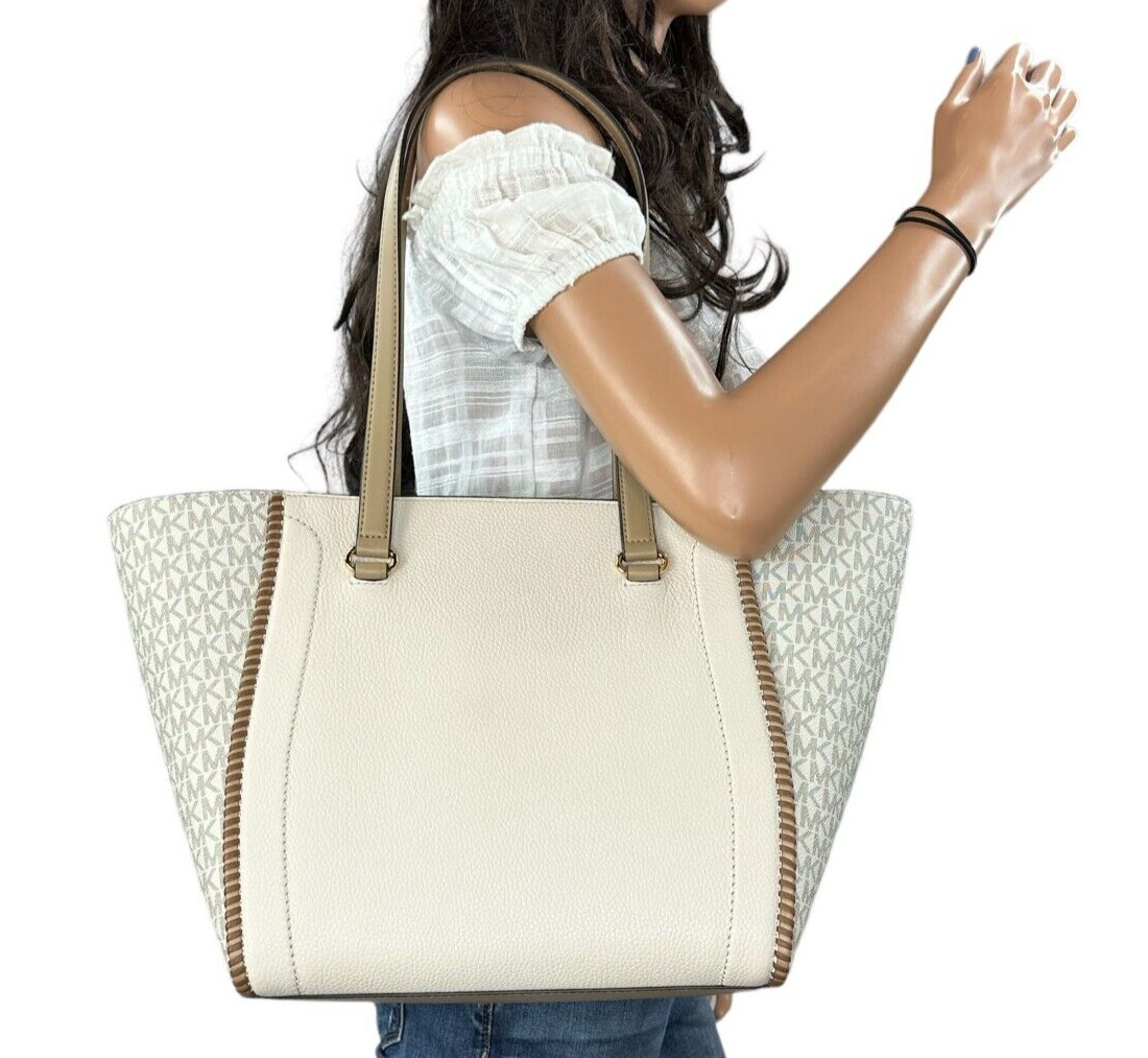 MICHAEL KORS CARINE LARGE FRONT POCKET SHOULDER TOTE BAG MK LIGHT CREAM MULTI