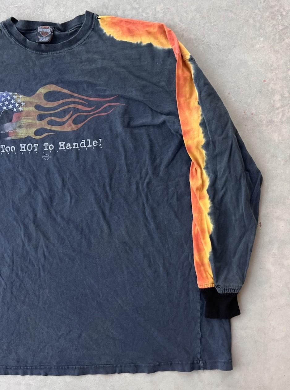 Vintage Harley Davidson Shirt 3XL Long Fire Flames Custom Cuffs DISTRESSED