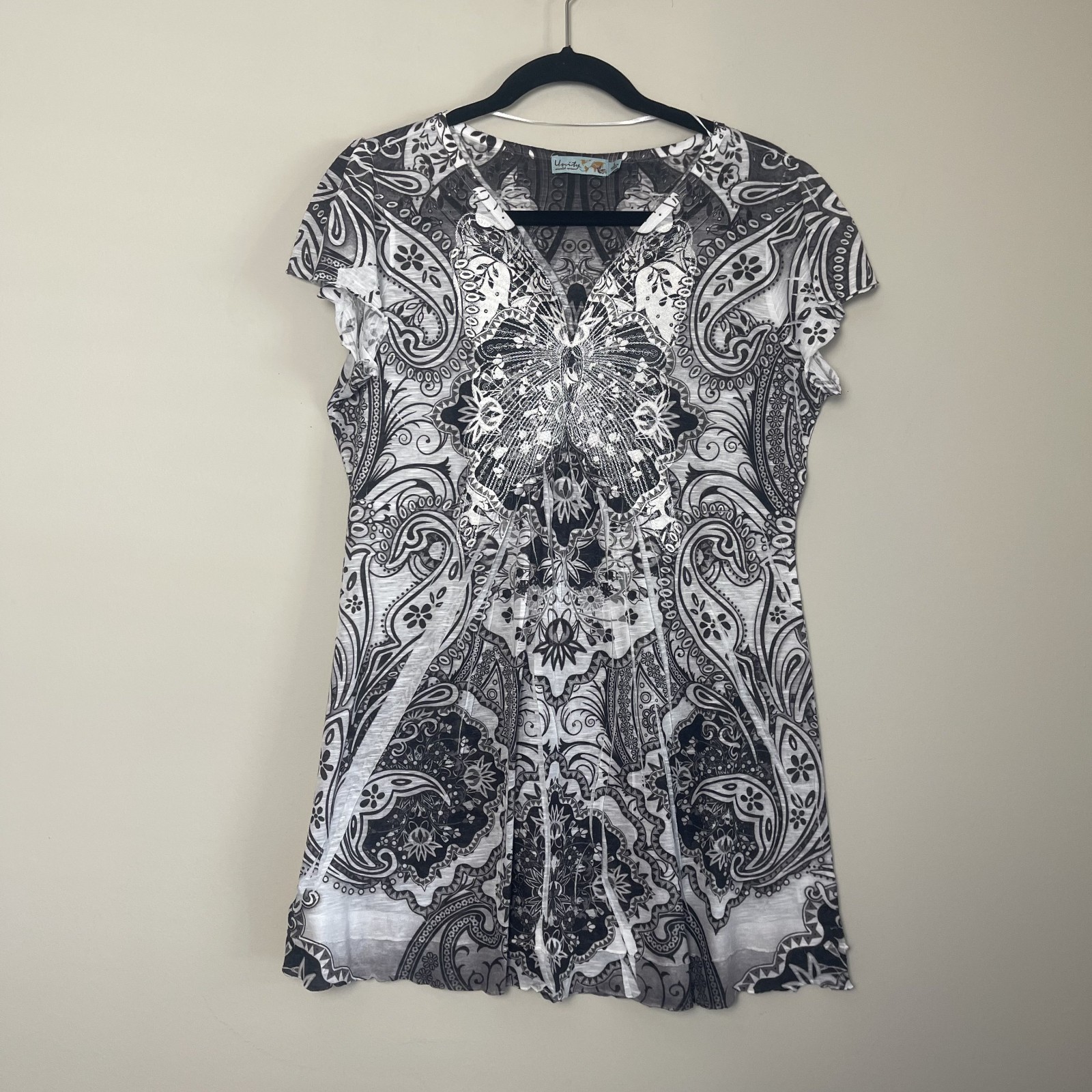 Unity Boho Paisley Butterfly Print Top Women’s Y2K Grunge Fairycore Tee Sz L