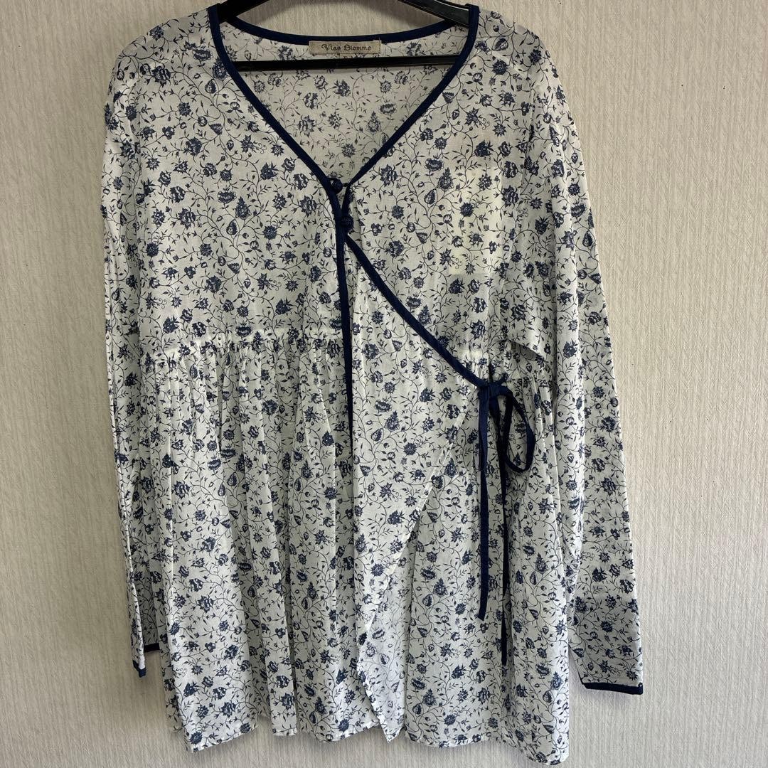 VLAS BLOMME Floral Wrap Shirt White Navy 3/4 Sleeve Free Size Blouse Linen