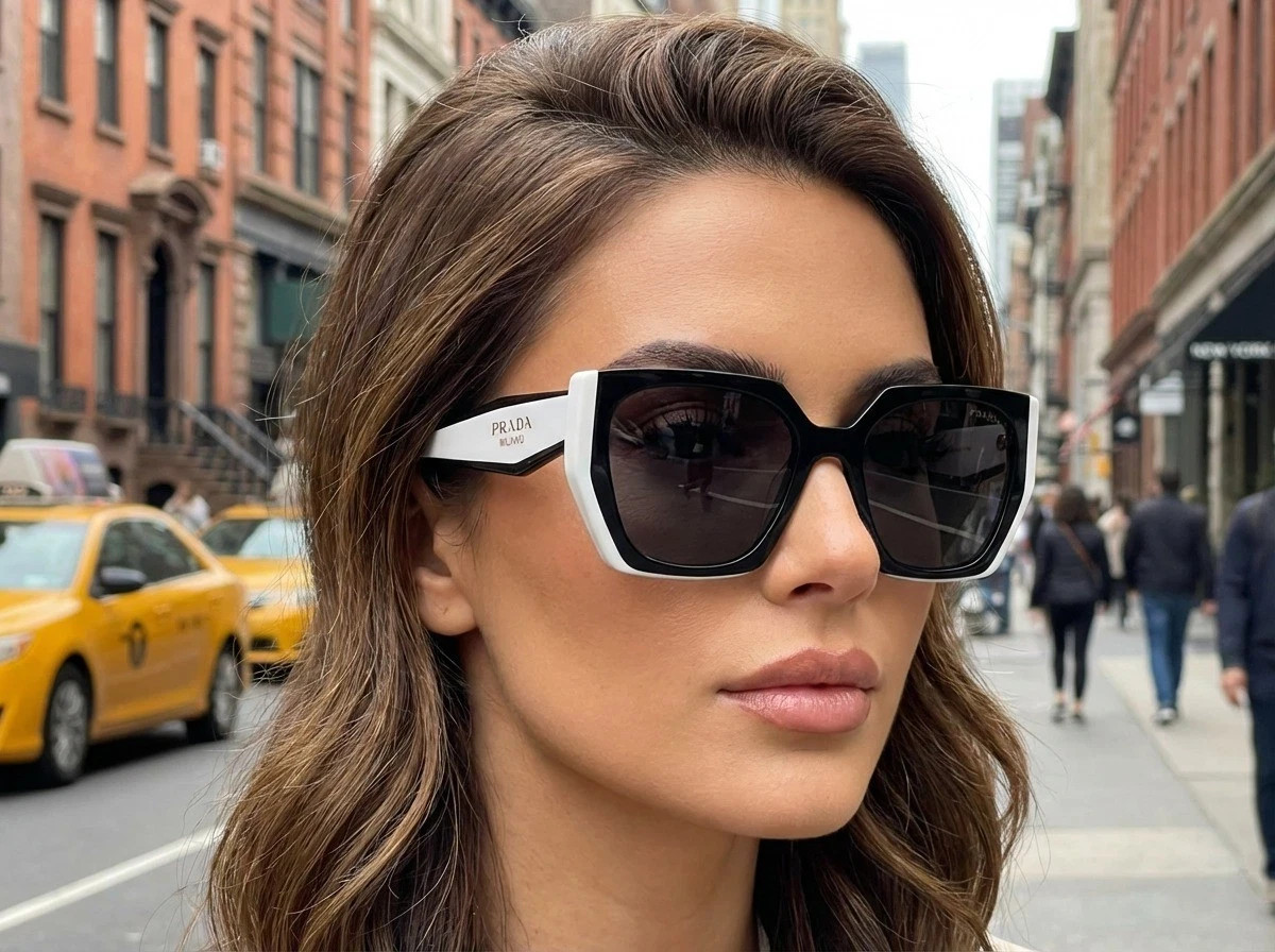 Prada PR 15WS Oversize Square Sunglasses Women Black White Frame UV400