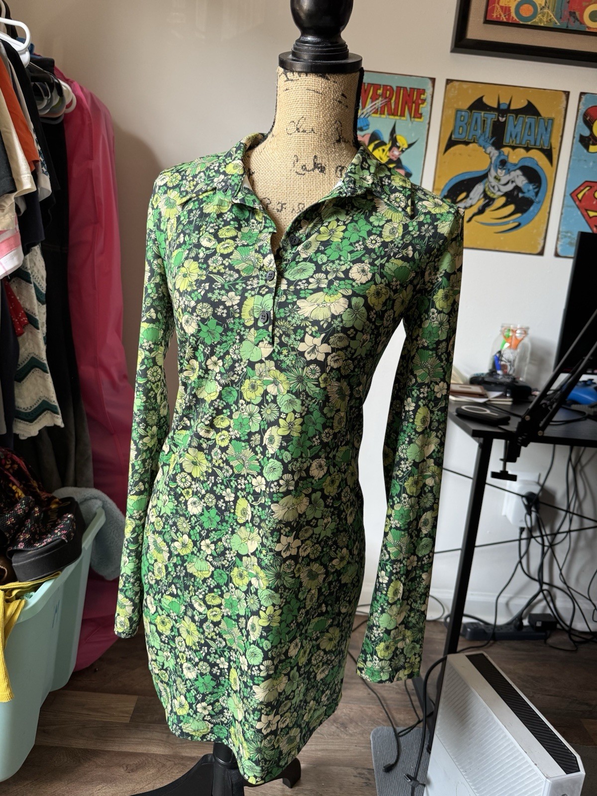 Zara Womens Small Green Floral Mini Dress Long Sleeve Collared Button Front