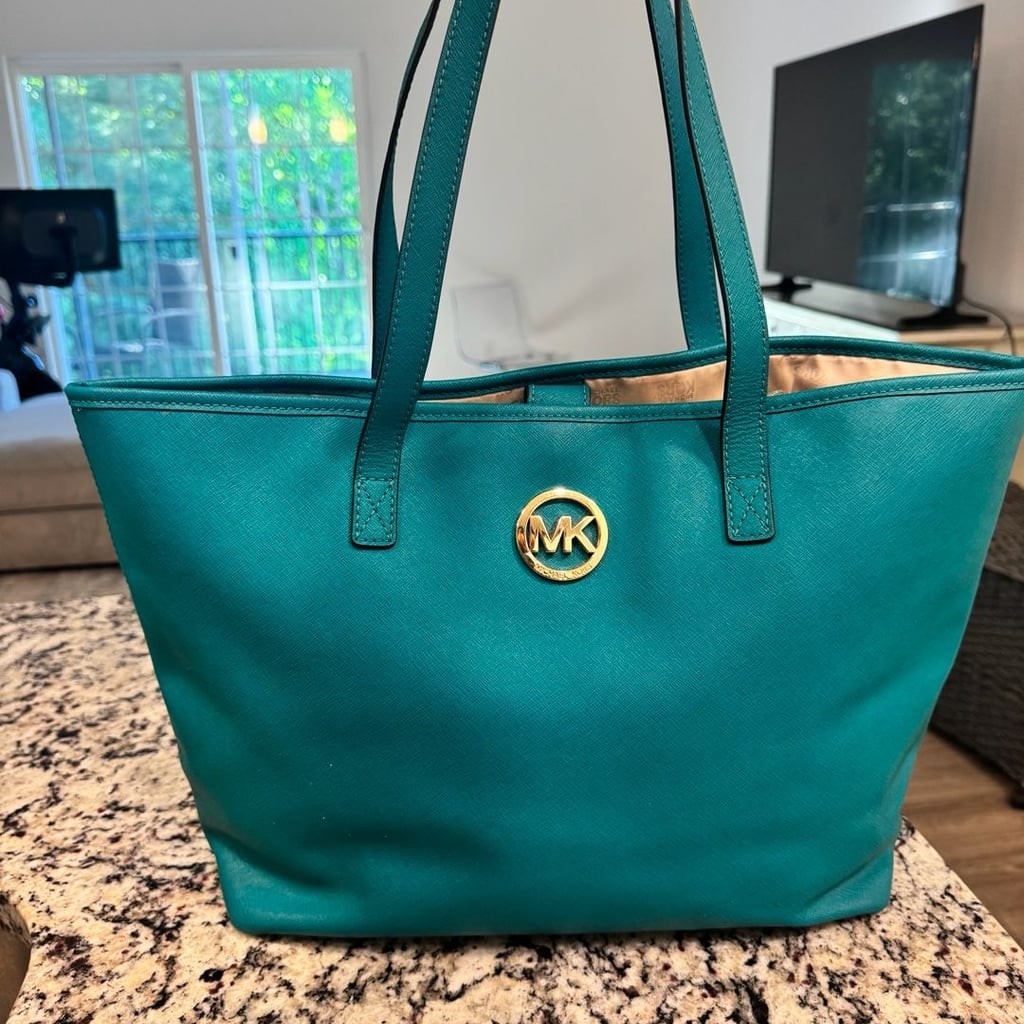 Michael Kors Jet Set Travel Tote Teal Saffiano Leather Shoulder Bag Purse