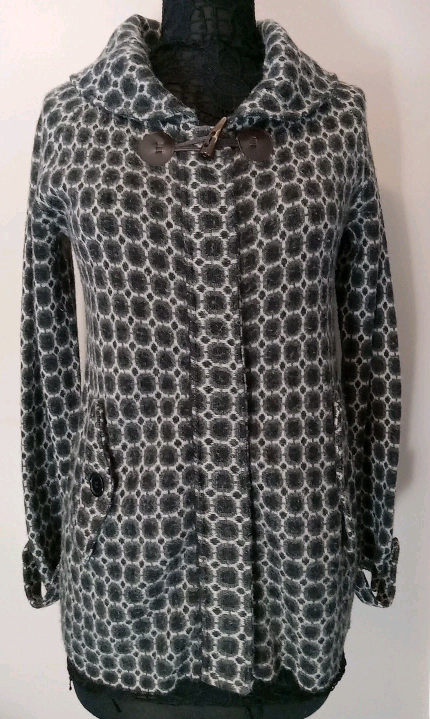 Heather B Grey Black White Geometric Pattern Full Zip Woolblend Jacket Size S