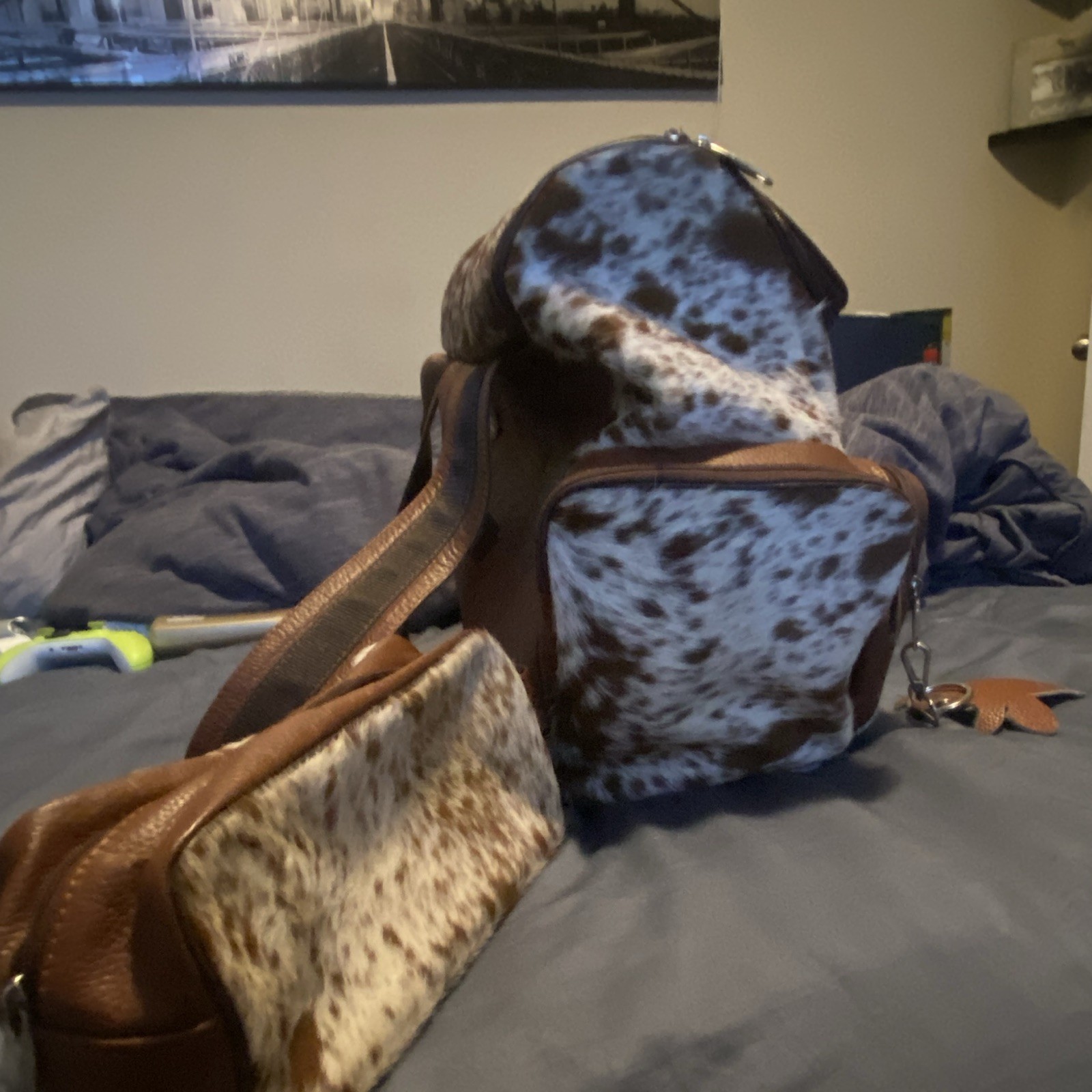 Real Cow hide Backpack Brown/White Zip, Adjustable Strap, Inner/Outer Pockets