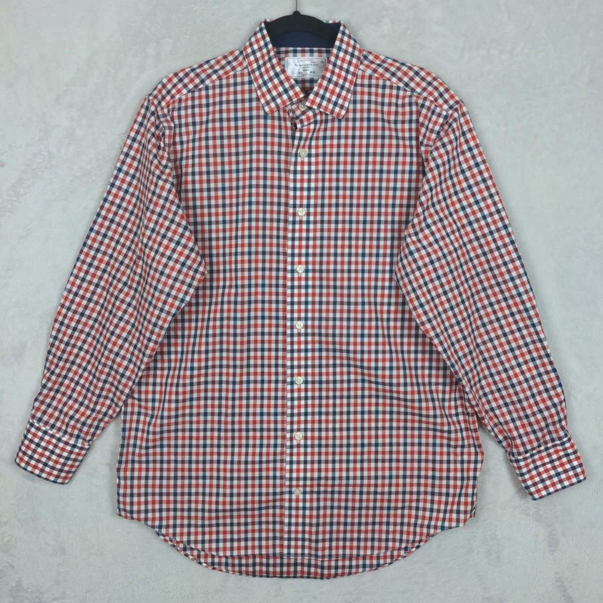 Lorenzo Uomo Button Shirt Men 16 1/2 Cotton Red Blue Plaid Office Church Preppy