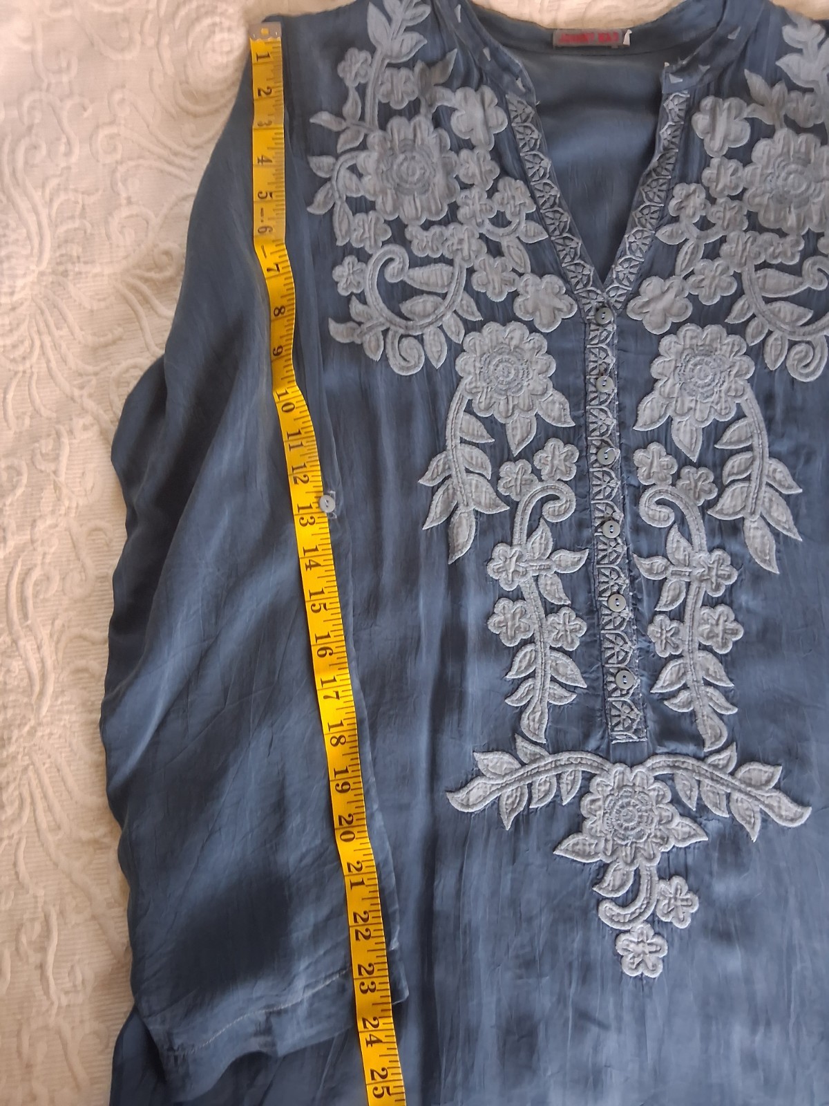 JOHNNY WAS Embroidered Boho Tunic Top, SZ M, Blue Cupra Rayon, Style C11417-7