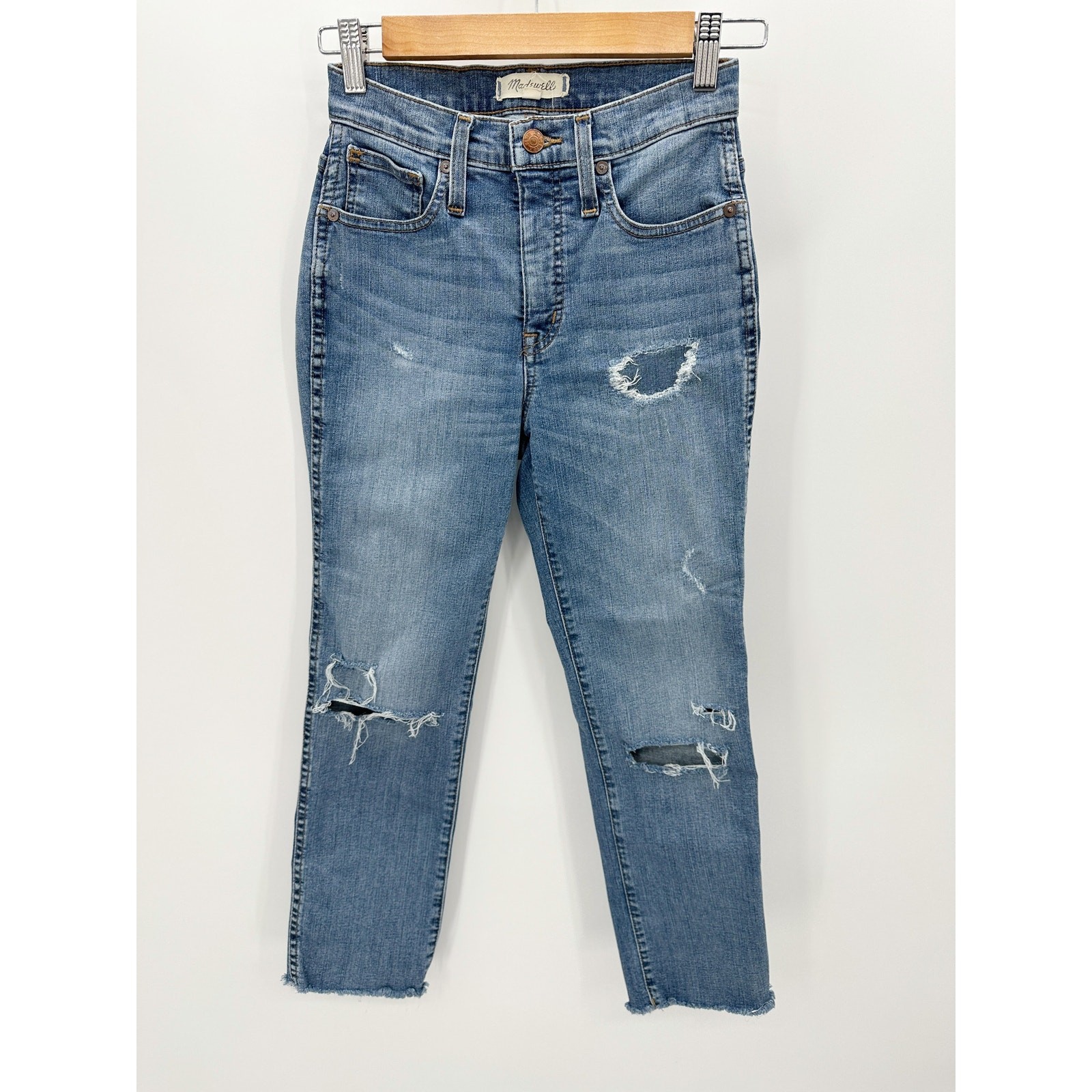 Madewell Womens Straight Leg Jeans Size 23P Distressed Mid Rise Raw Hem