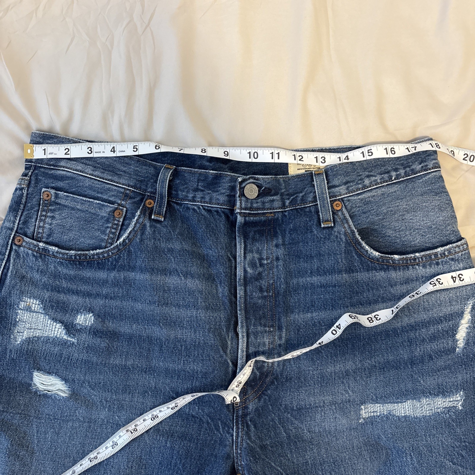 Levis 501 Selvedge Jeans Blue Distressed 34×32 150th Anniversary High Waisted