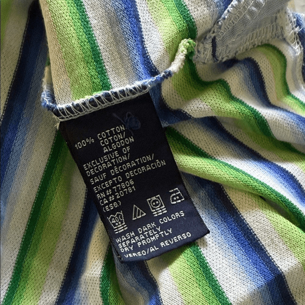 Tommy Hilfiger Striped Polo in Lime Green, Blue & White with Navy Collar