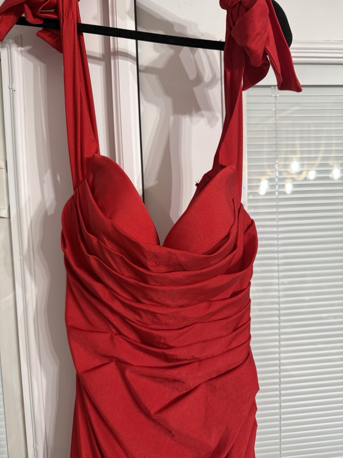 Ladivine by Cinderella Divine Red Gown Bow Ruched Strapless Long Dress 4
