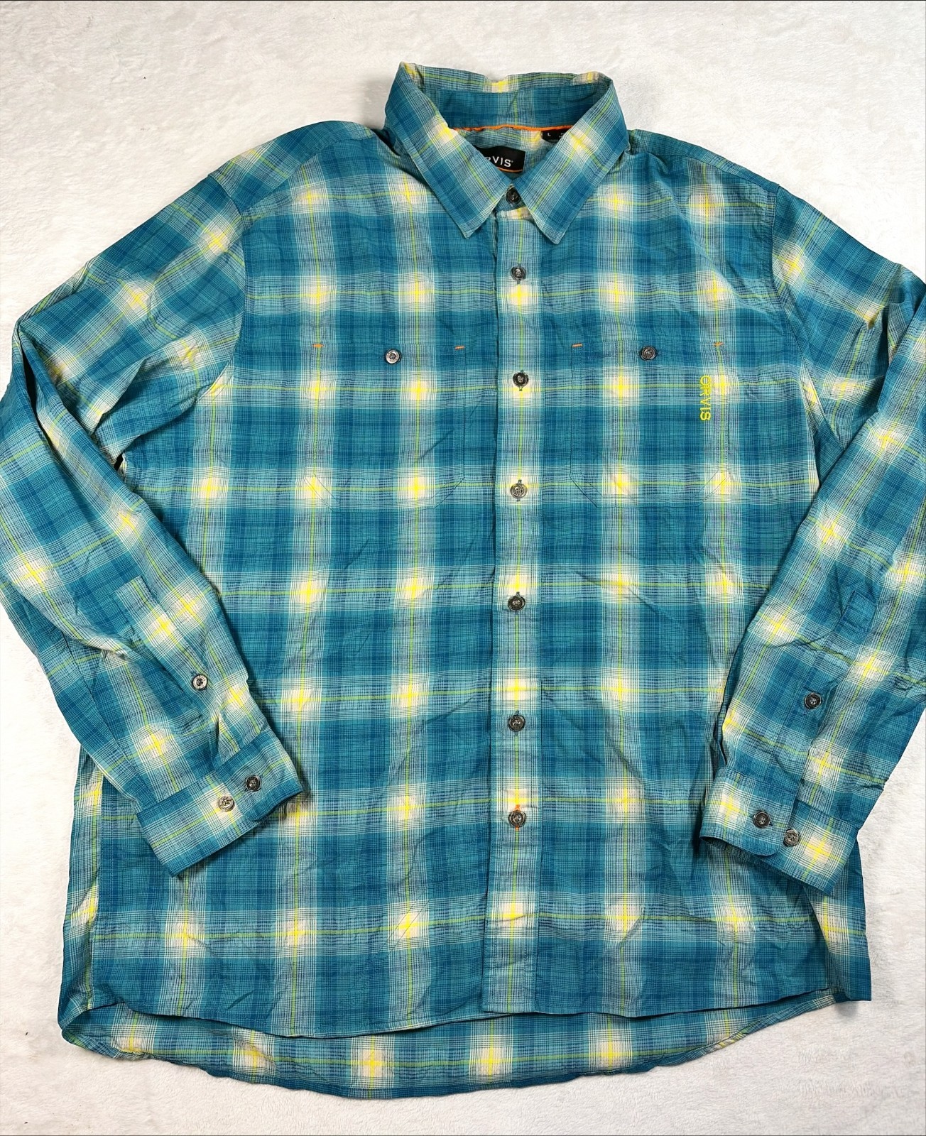 ORVIS Men’s Long Sleeve L Plaid BlueGreen Nylon Blend Wicking Lightweight