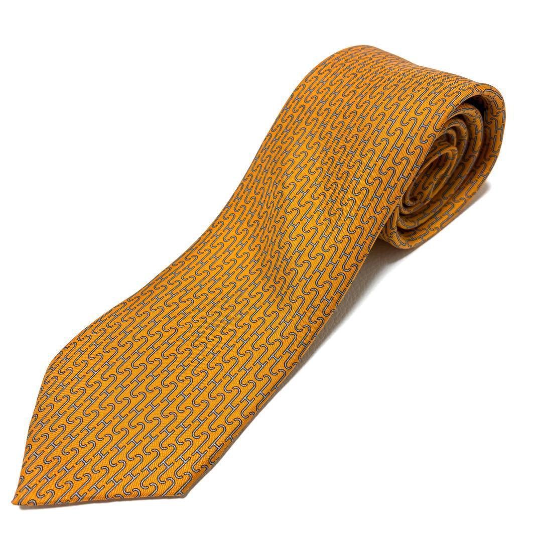 HERMES Tie H Pattern Orange Silk Made in France 8cm