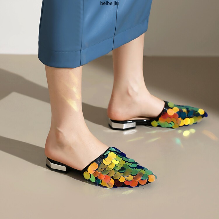 Glitter Sequins Women’s Flat Slipper Pointed Toe Mules Sandals Casual 46/47/48