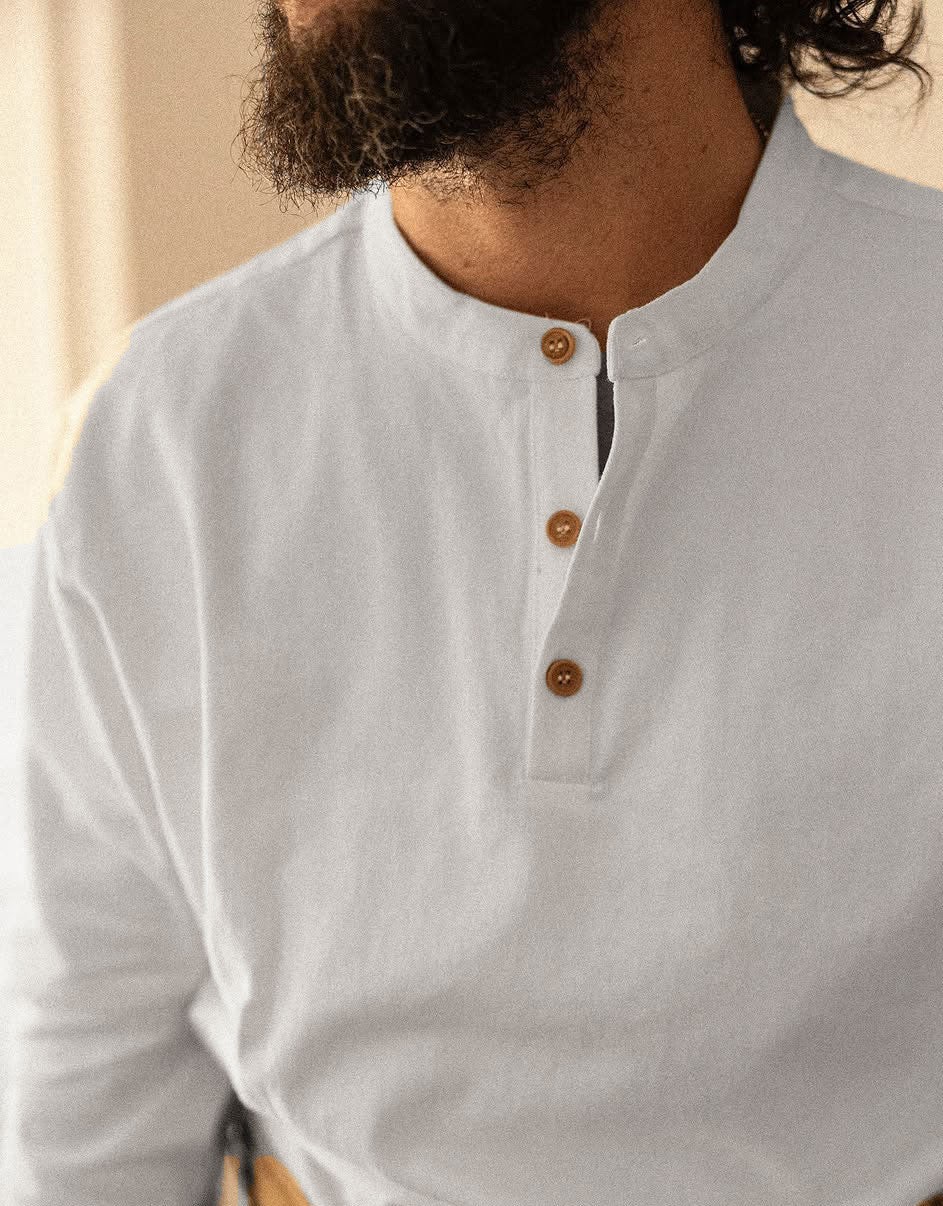 Collarless Grandad Shirt Cotton Organic Smock Top – White – All Occasions