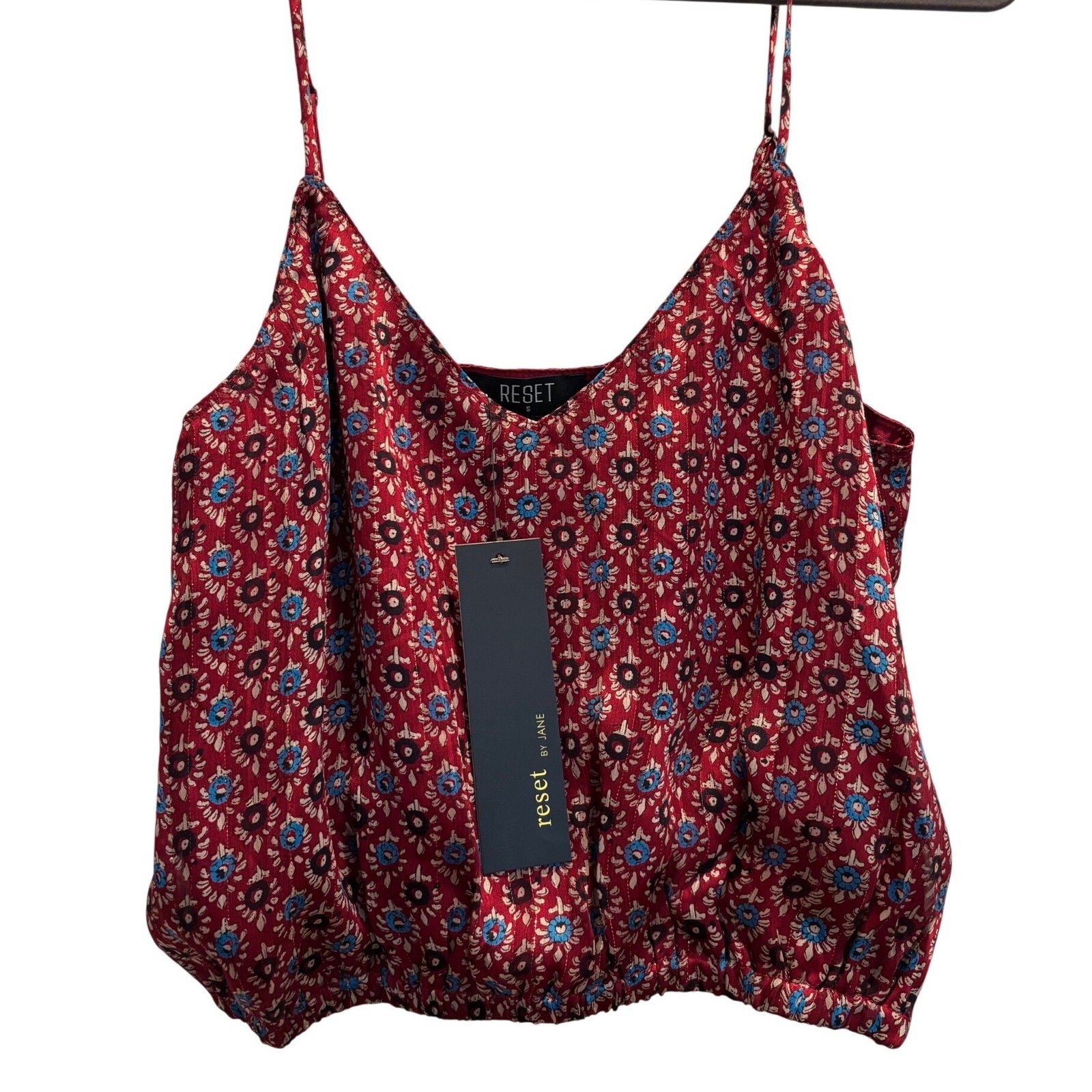 Reset by Jane Cami Top Womens Small Red Floral Metallic Boho Bubble Hem JT512F