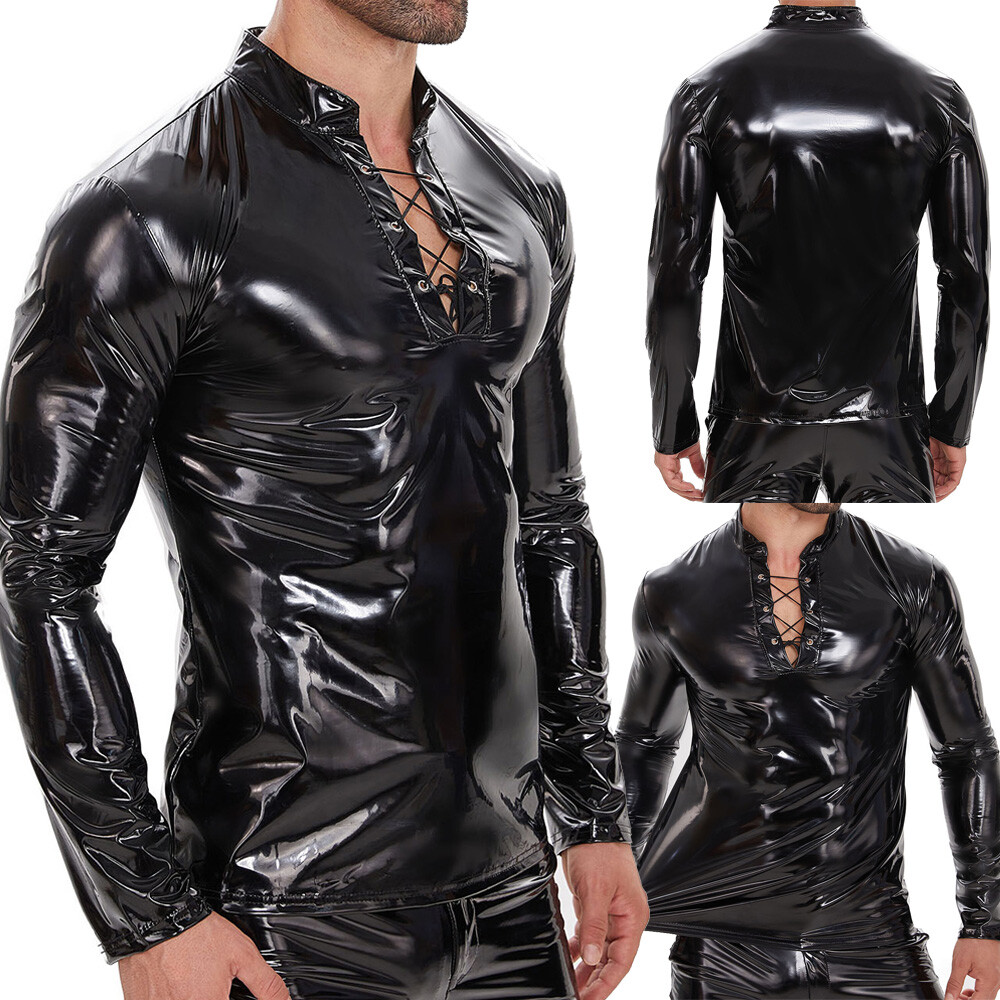 Men’s Wet Look Shiny PVC Leather Shirts Top Long Sleeved Slim Latex Jacket Shirt