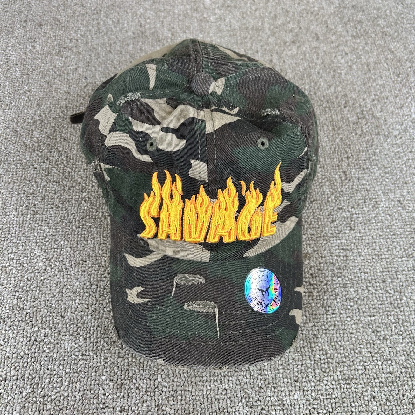 Muka “Savage” Dad Cap Hat Camo Distressed Adjustable New Without Tags