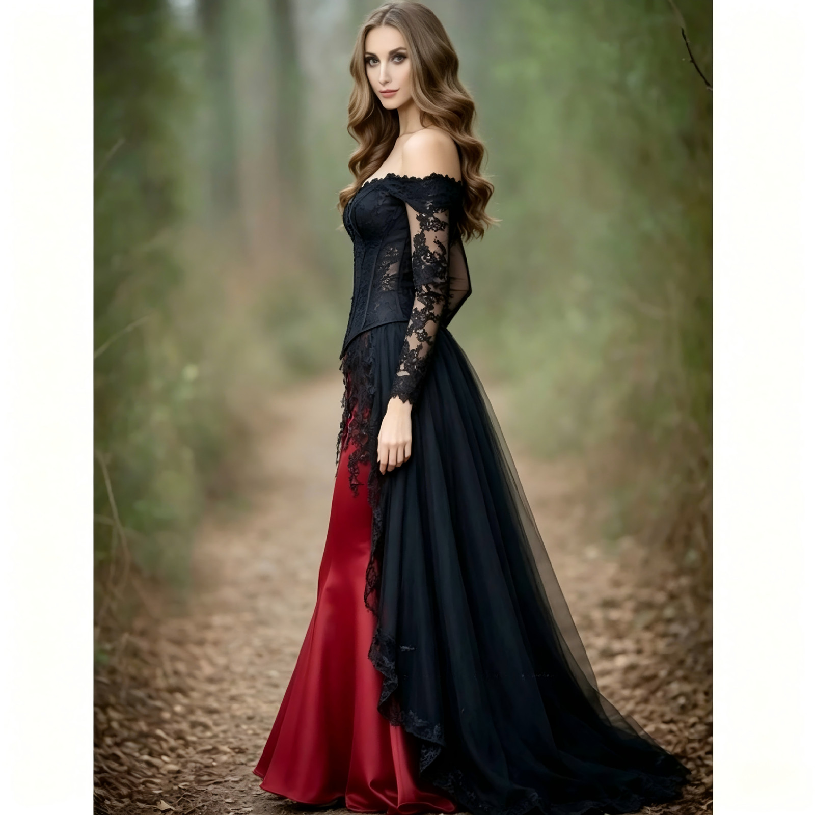 Black Red Gothic Off Shoulder Mermaid Lace Evening Dresses With Tulle Overlay
