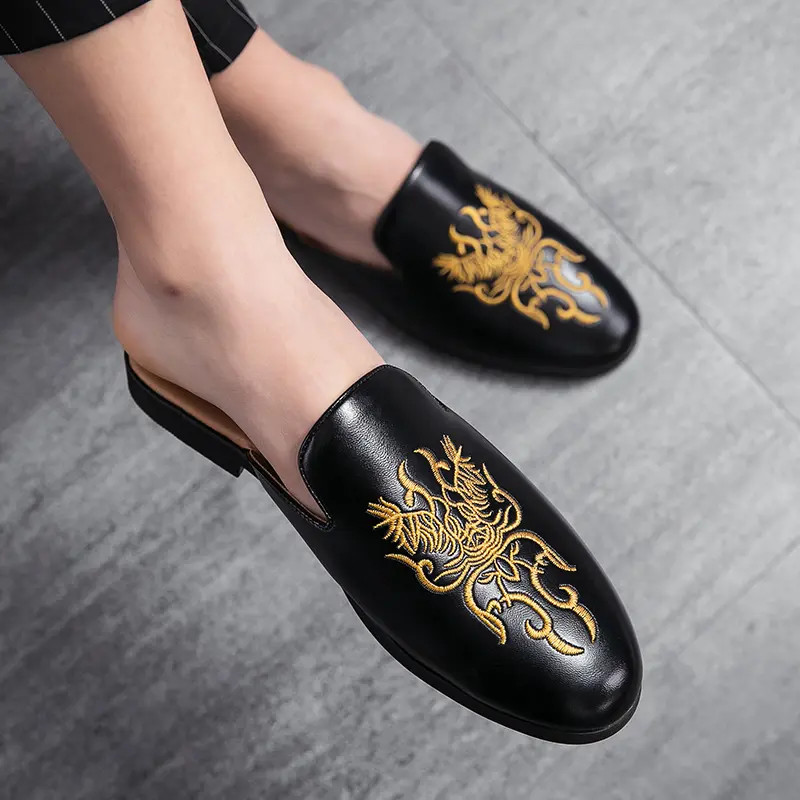 Embroidered Mules Men Round Toe Slip on Faux Leather Fashion Casual Shoes Ethnic